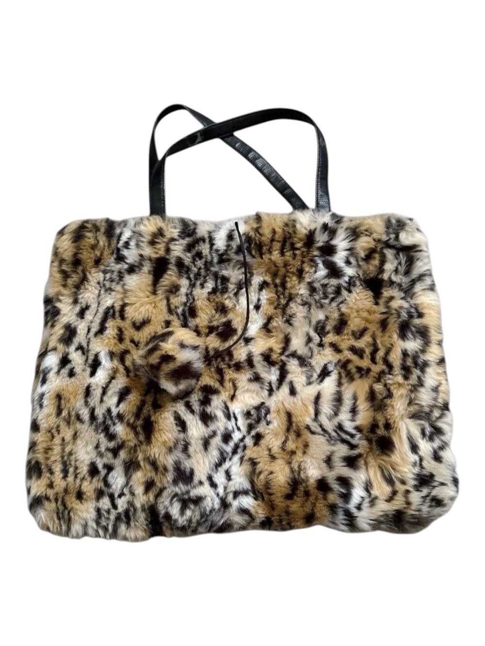 Faux Fur Leopard Print Tote Bag Purse Womens Large Shoulder Shopper Pom Pom